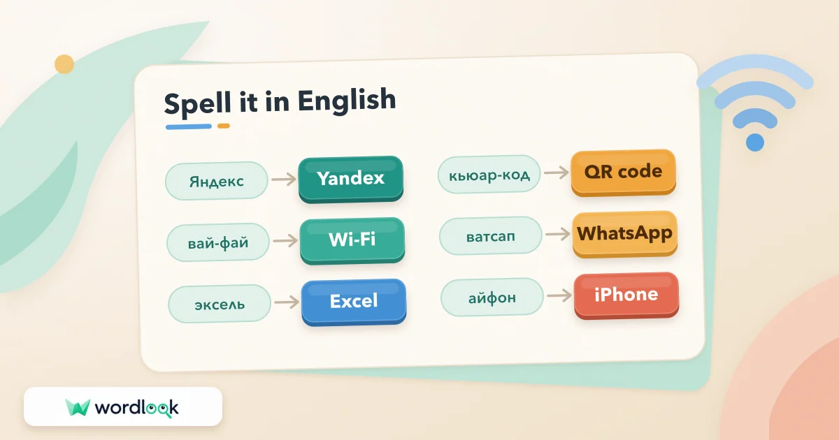Вай-фай, эксель и айфон по-английски: Wi-Fi, Excel, iPhone, QR code, Yandex, WhatsApp