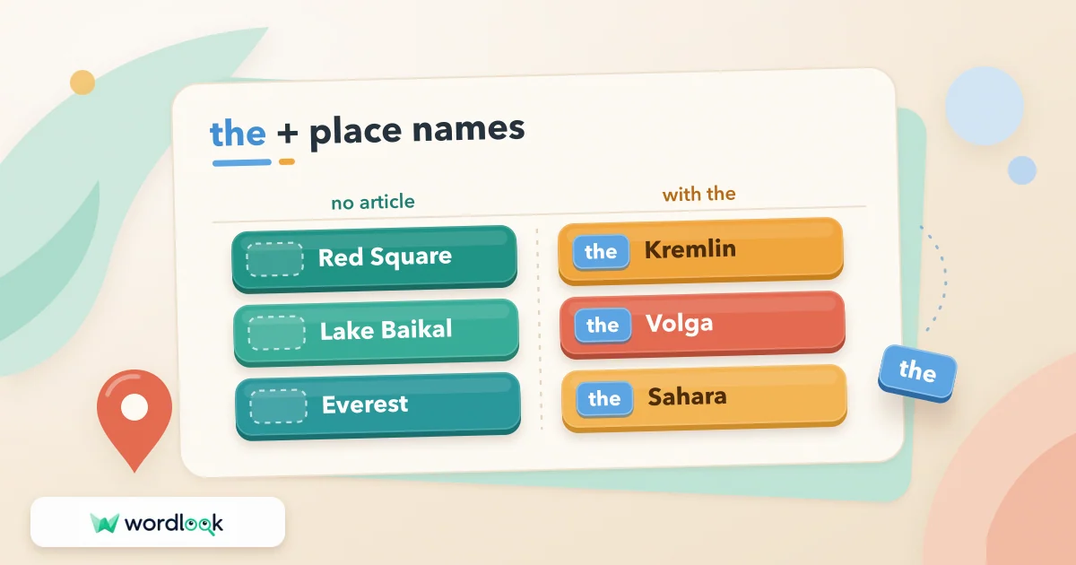 Названия мест без артикля и с артиклем the: Red Square, Lake Baikal, Everest, the Kremlin, the Volga, the Sahara