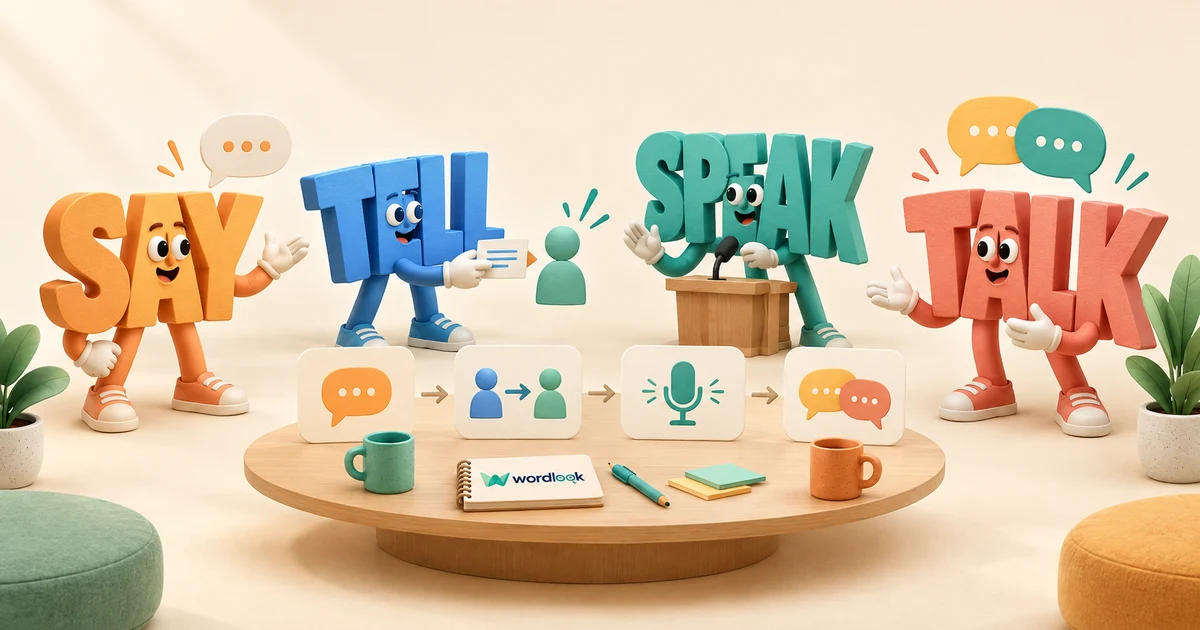 Персонажи Say, Tell, Speak и Talk объясняют разницу между английскими глаголами речи
